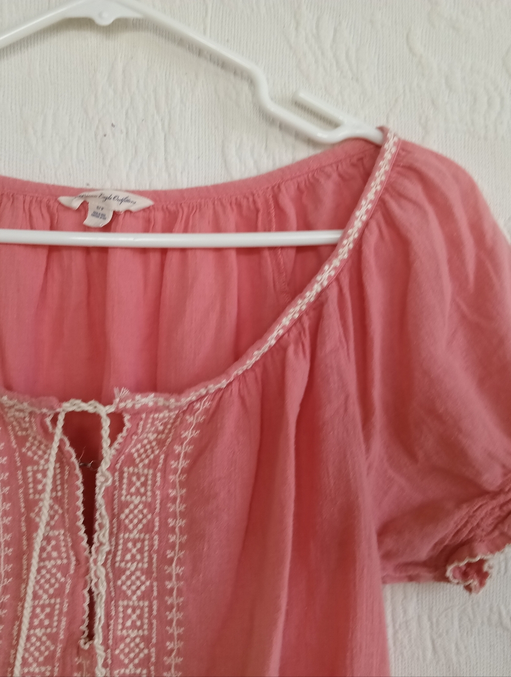 American Eagle Outfitters Coral Pink Embroidered Peasant Blouse Breezy Boho Y2k - Picture 4 of 12